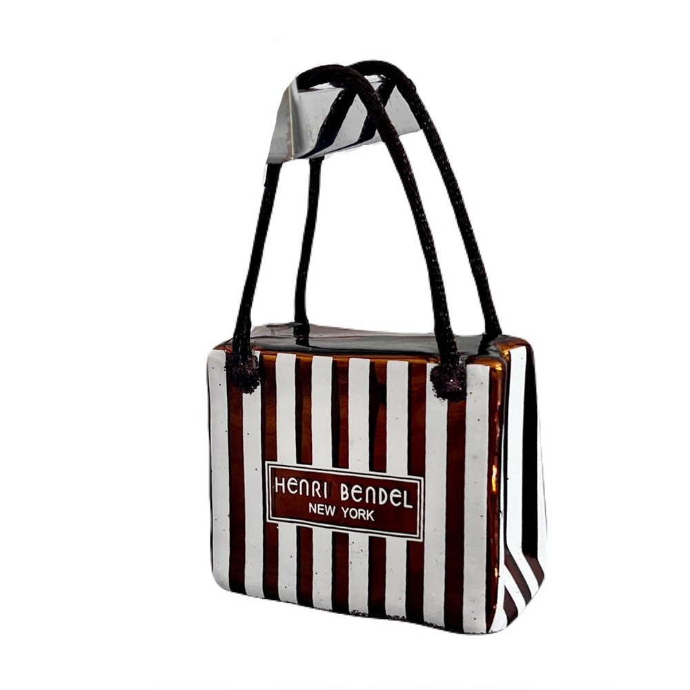 Henri Bendel Brown and White Centennial Striped Shopping Bag Christmas Ornament